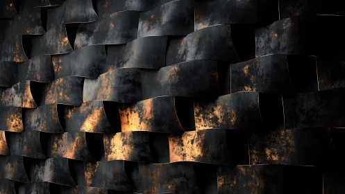 Abstract metallic wall with dark woven texture and golden highlights.