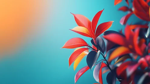 Vibrant red leaves on branch against blue-orange gradient background.