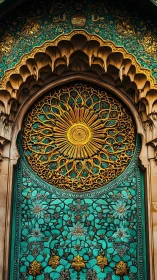 Ornate turquoise door panel shows circular gold lattice design