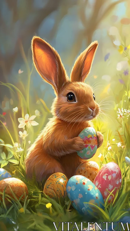 Sunny meadow bunny cradling colorful Easter eggs softly.