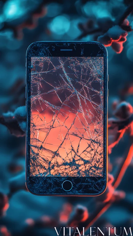 Cracked smartphone screen against soft orange bokeh glow.