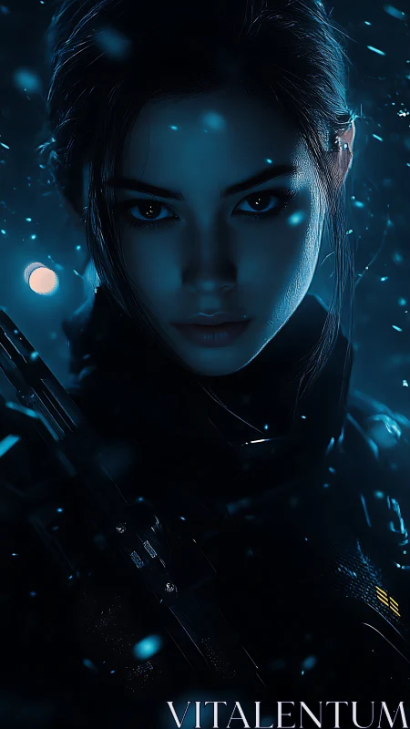 Midnight cyber operative in blue-lit snowfall vigil.