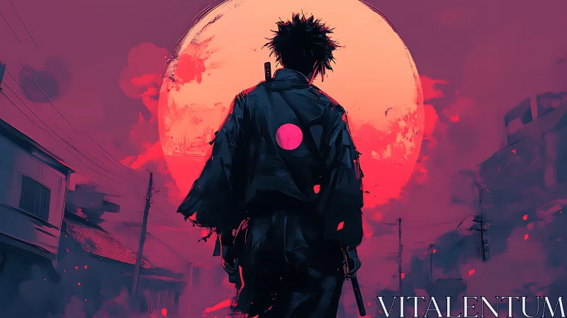 Lone cyber samurai walks into a neon red apocalyptic moon