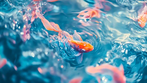 Vivid koi fish gliding through luminous turquoise water.