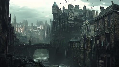 Foggy medieval city canyon lines damp river channel