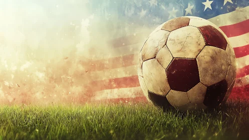 Weathered soccer ball on grass before faded US flag background.