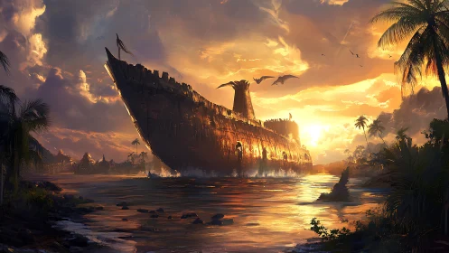 Colossal beached ark with dragons at tropical river sunset
