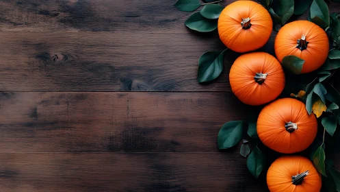 Five small pumpkins sit on dark wooden planks with leaves