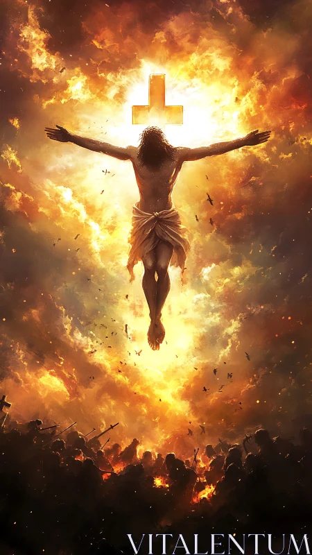 Crucified figure rises through burning stormlit heavens