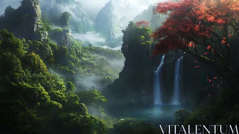 Lush misty valley with twin waterfalls and red foliage.