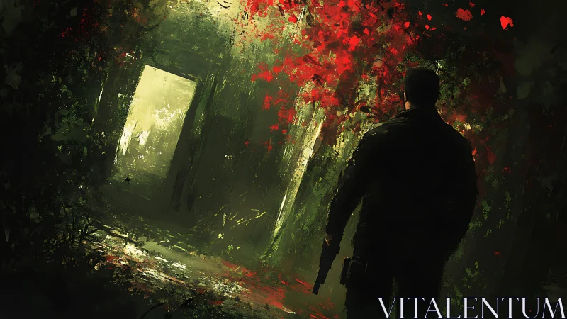 Shadowed wanderer steps toward a glowing forest doorway