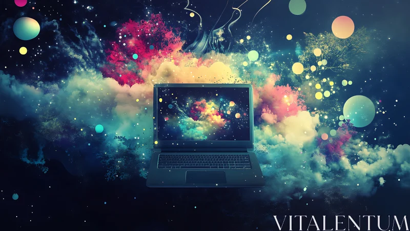 Laptop gateway amid luminous digital nebula clouds.