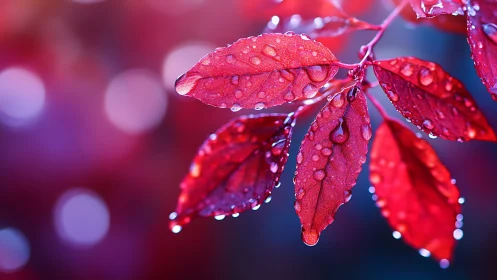 Raindrops on ruby leaves against a dreamy bokeh glow.