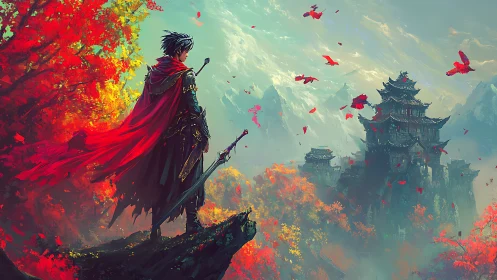 Lone wanderer gazing toward a misty, flame colored castle.