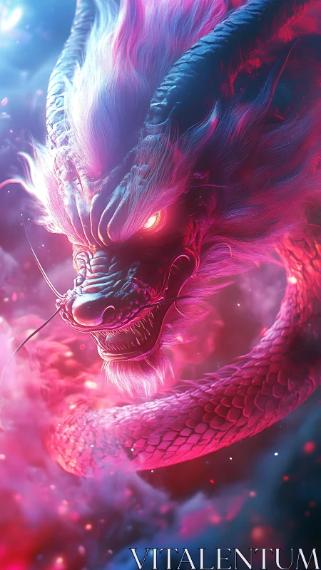 Bioluminescent neon Asian dragon in swirling chromatic mist