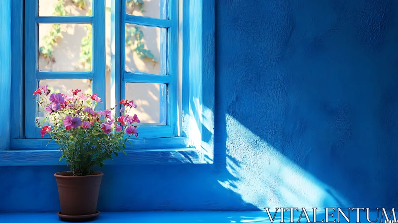 Sunlit pink geraniums lean into a dreamy cobalt window glow