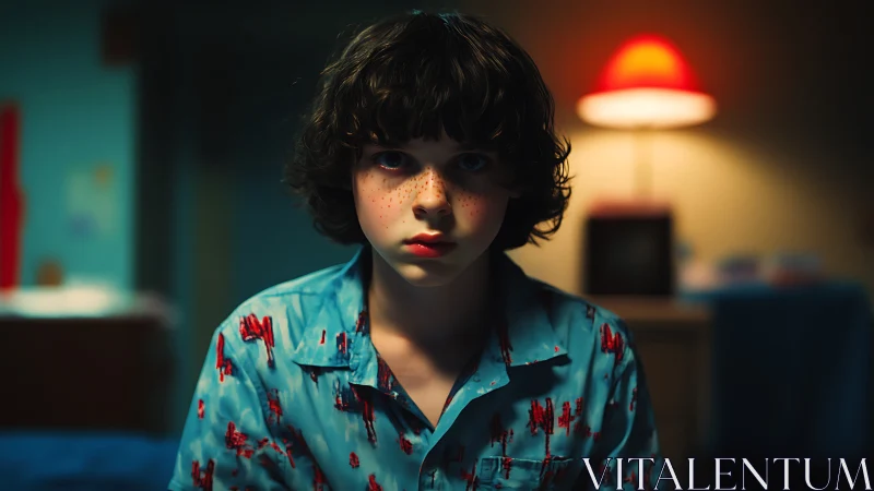 Freckled child in patterned shirt under warm lamp light.