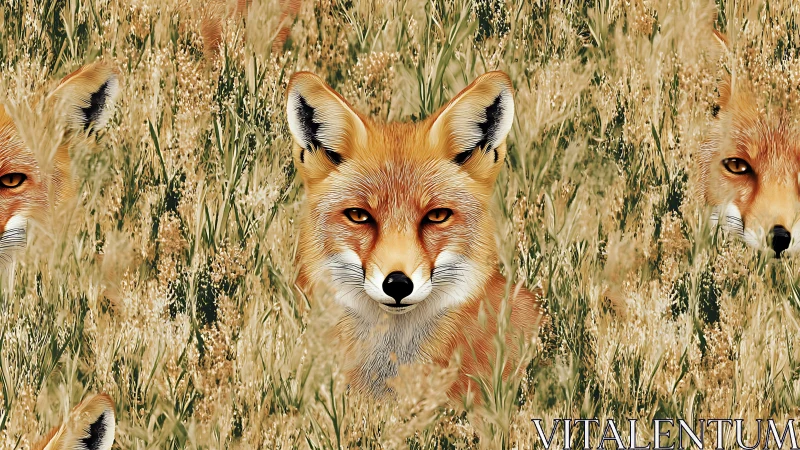Foxes in tall meadow grass sharing curious golden glances.