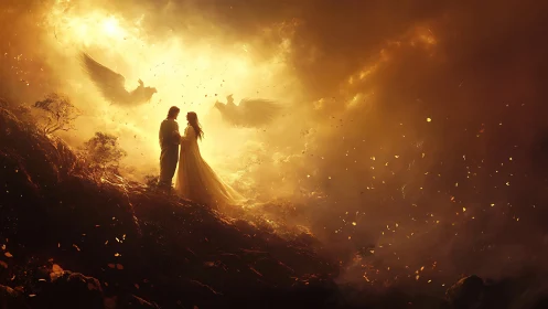 Two souls ablaze in celestial radiance among awakening angels.