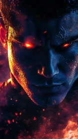 Fiery eyed figure in blue light amid glowing embers.