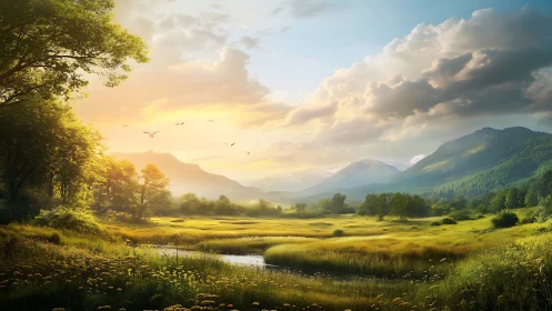 Golden valley sunrise over misty river and forested hills.