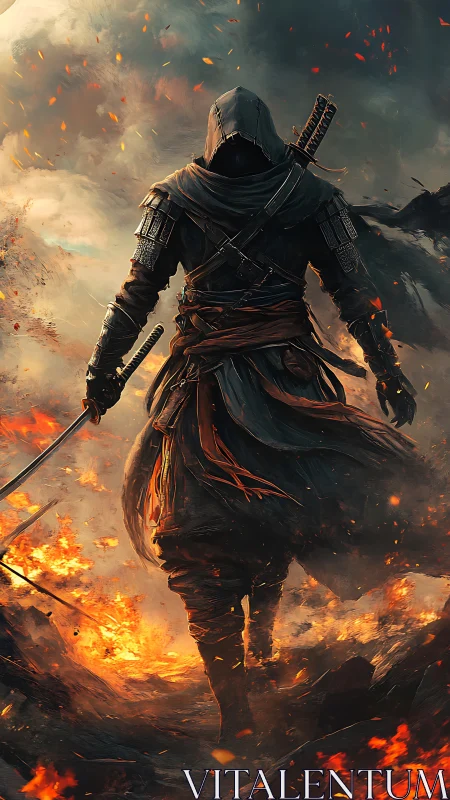 Hooded warrior walks through burning battlefield with swords