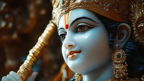 Regal blue deity gaze crowned in molten gold calmness.