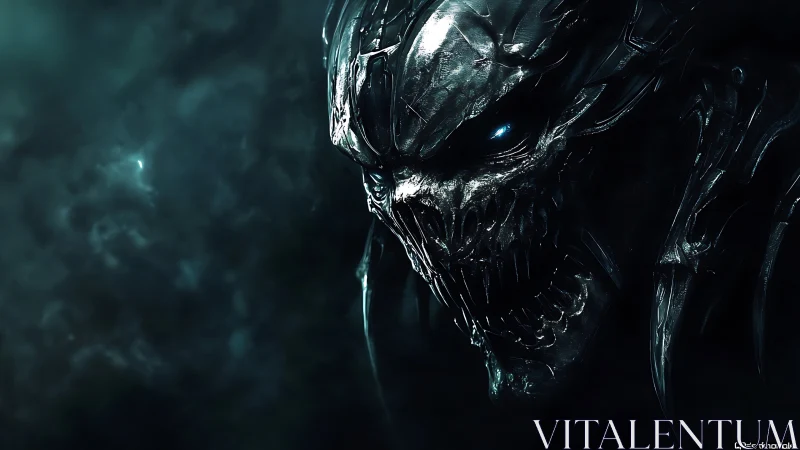 Demonic biomechanoid skull glows within toxic teal void.