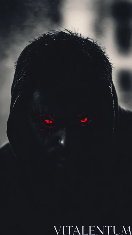 Hooded figure with red glowing eyes in low key lighting.