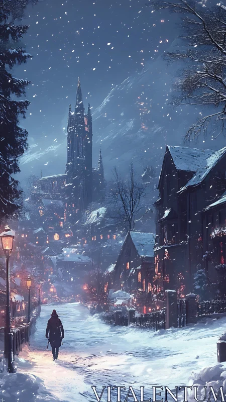 Solitary figure walks toward illuminated gothic town in snowfall