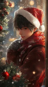 Christmas boy in red scarf watches snowlit winter street.