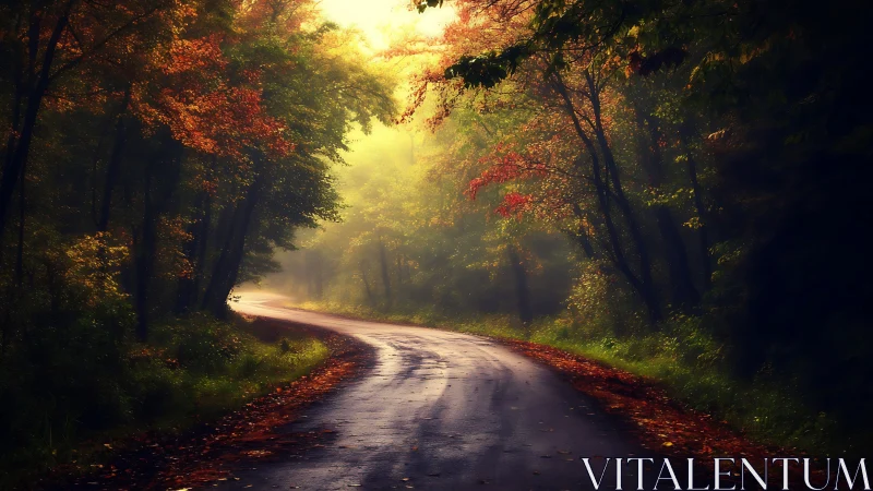 Forest Road with Autumn Canopy and Directional Sunlight