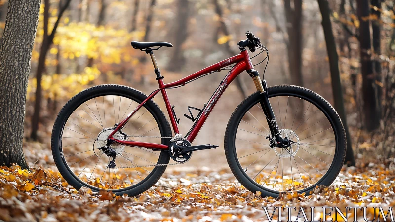 Red Mountain Bike Positioned Among Autumn Leaves.