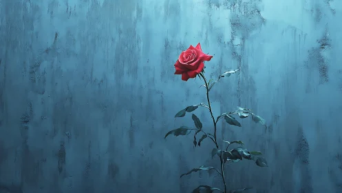 Solitary red rose rendered against textured cyan concrete wall