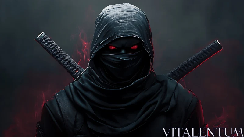 Stealth cyber ninja with dual katanas and glowing red eyes.