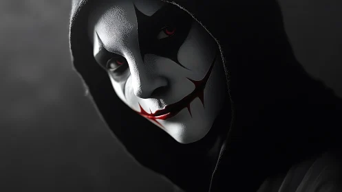 Hooded clown figure stares with sinister painted smile.