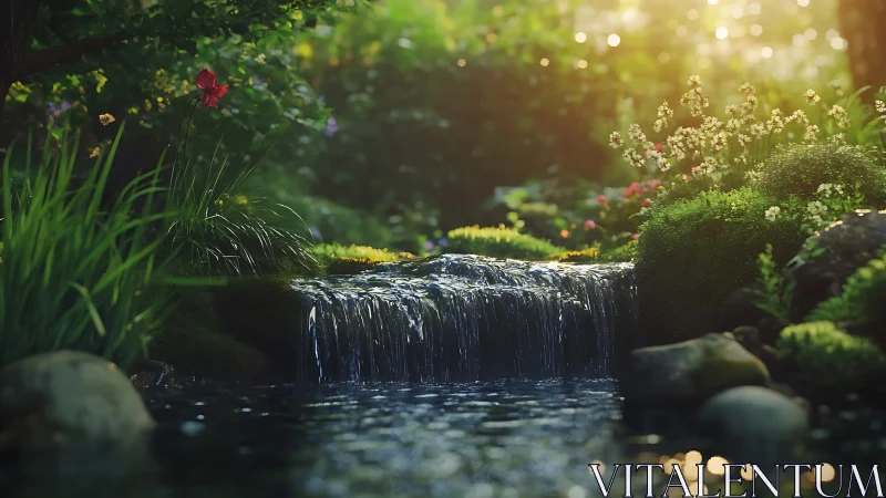 Sunlit garden waterfall flows into a calm reflective pool