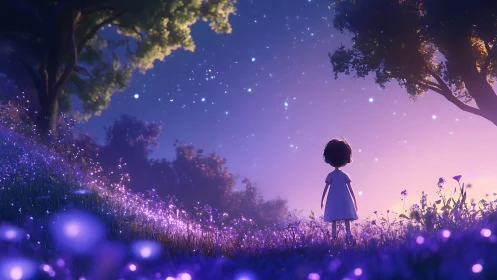 Child under starlit sky in glowing twilight meadow.