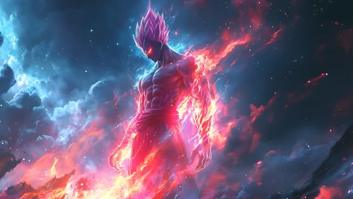 Humanoid energy figure in cosmic sky with fiery aura.