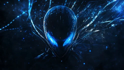 Cybernetic alien visage with luminous blue energy shards.