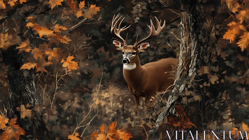 Whitetail buck standing alert in dense autumn woodland.
