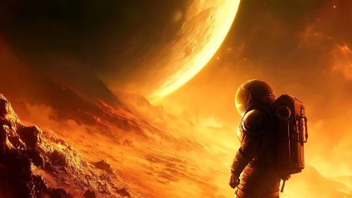 Solitary astronaut under blazing alien sunrise on dunes.