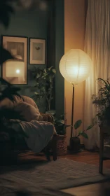 Cozy living corner with floor lamp and indoor plants.