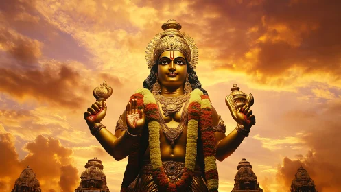 Photorealistic divine statue against radiant temple skyscape.