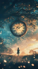 Gigantic luminous pocket watch suspended above solitary child