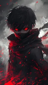 Red-eyed shadow assassin wrapped in blazing scarlet shroud.