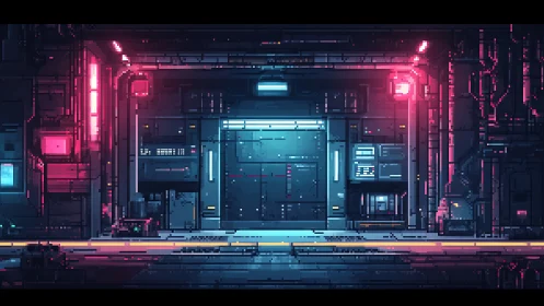 Pixel-art cyberpunk hangar bay with neon-lit blast door.
