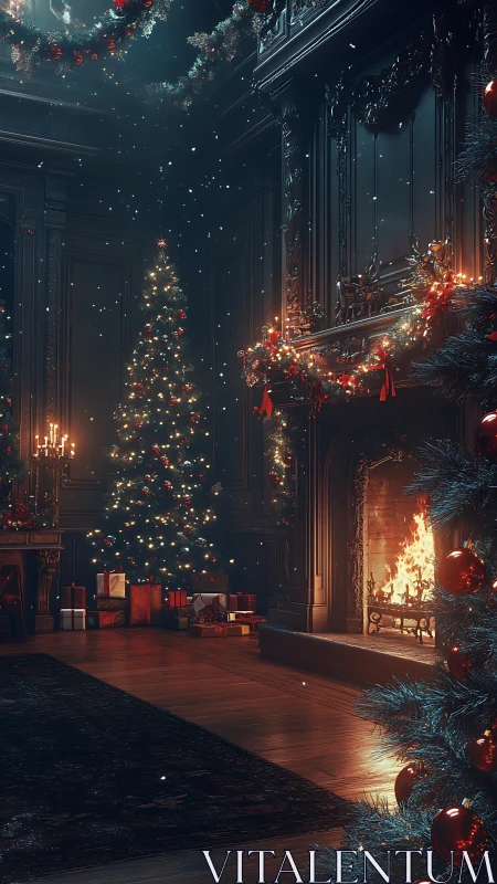 Warmly lit Victorian hall with Christmas tree and active fireplace