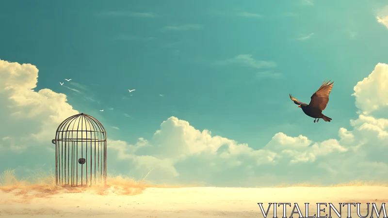 Skybound escapee leaves lonely cage on sunlit horizon.