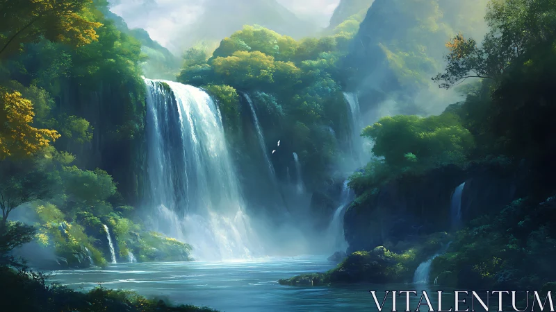 Gentle mist over secret valley waterfalls at morning light.